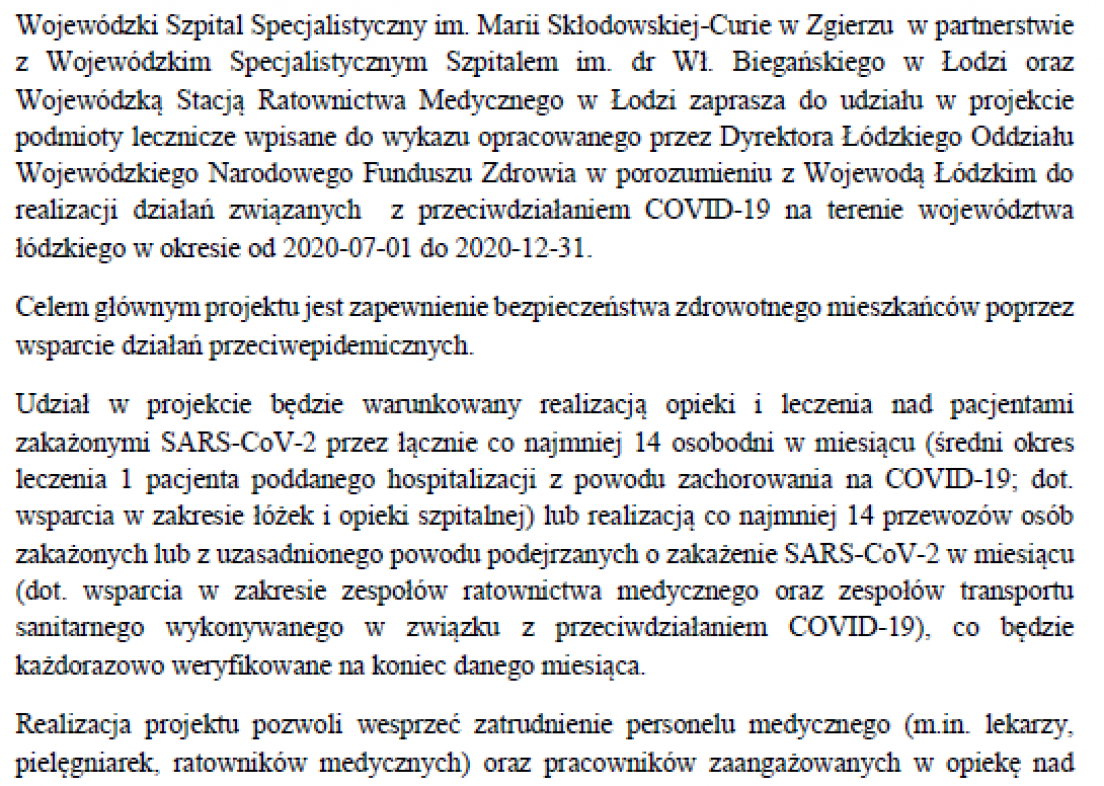 Zaproszenie do udziału "Wsparcie podmiotów leczniczych w zakresie działań na rzecz ochrony zdrowia mieszkańców województwa łódzkiego, w związku z epidemią choroby COVID-19"