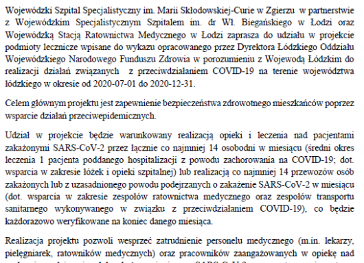 Zaproszenie do udziału "Wsparcie podmiotów leczniczych w zakresie działań na rzecz ochrony zdrowia mieszkańców województwa łódzkiego, w związku z epidemią choroby COVID-19"